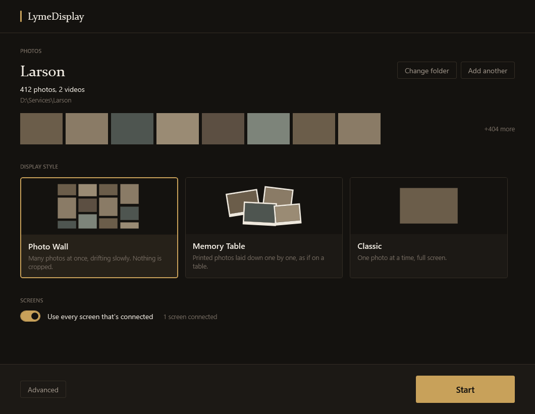 The Quietlight window: a chosen photo folder, three display styles to pick from, a screens toggle, and a Start button.